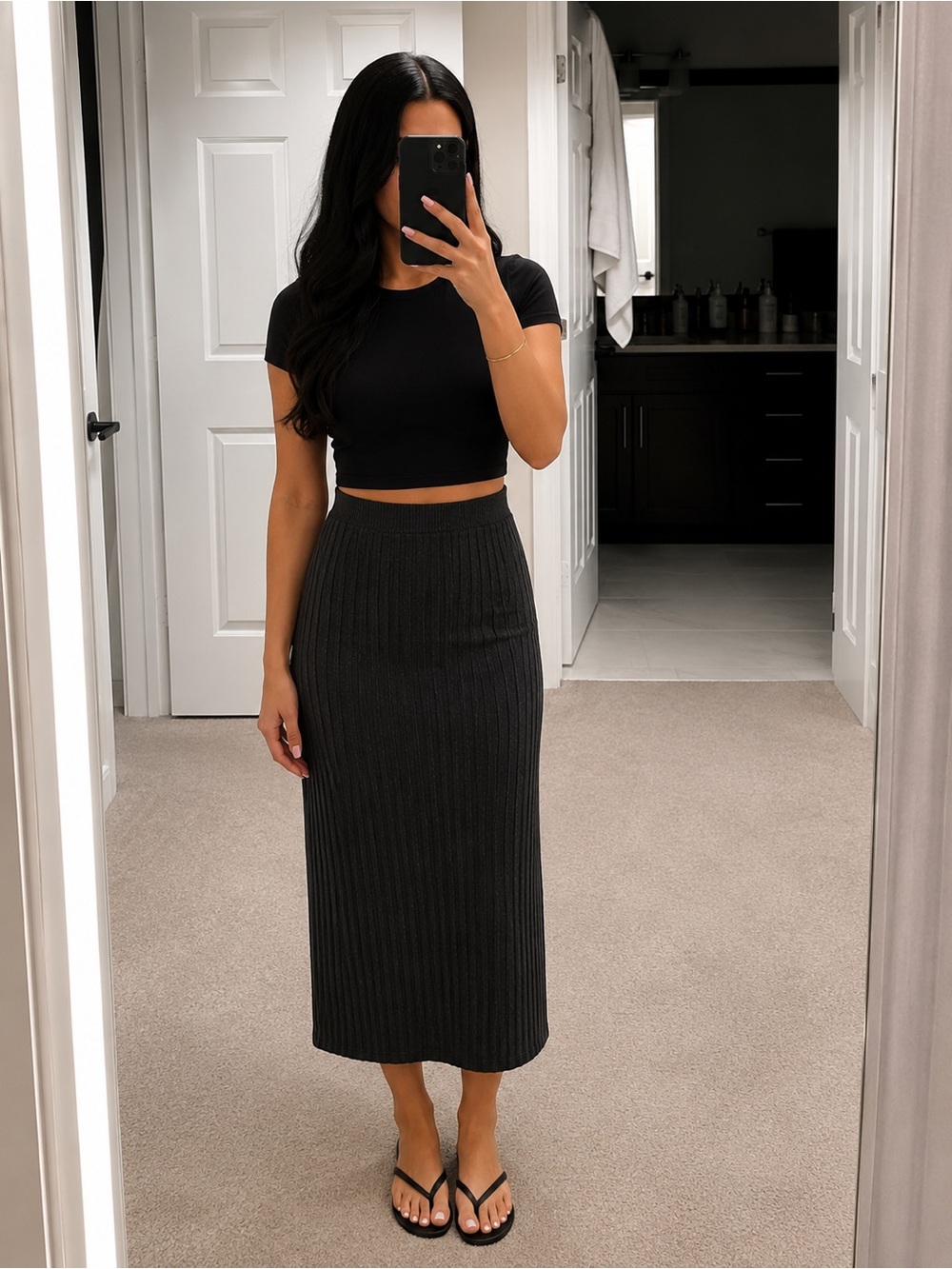 Women's Black Ribbed Midi Skirt